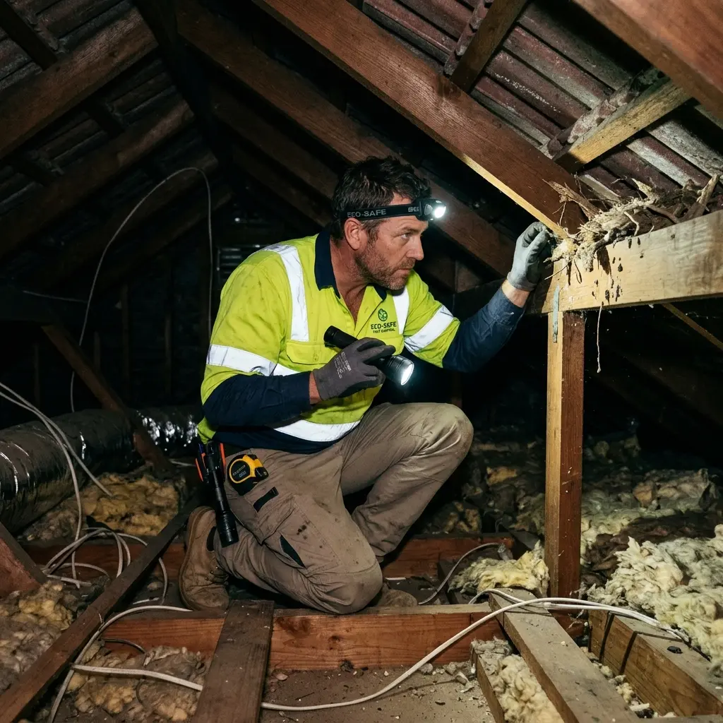 Technician inspecting a Mentone subfloor void for a deceased cat
